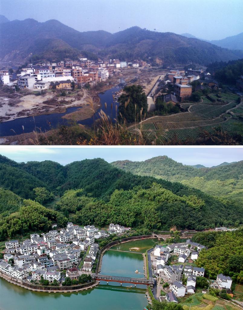 圖為浙江省杭州市淳安縣楓樹嶺鎮(zhèn)下姜村拼版圖，其中上圖為資料照片、下圖由新華社記者張鋮攝。